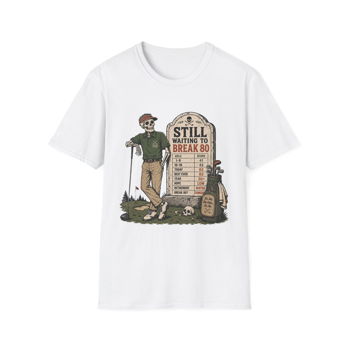 SKELETON GOLFER TOMBSTONE BREAK 80 HALLOWEEN T-SHIRT