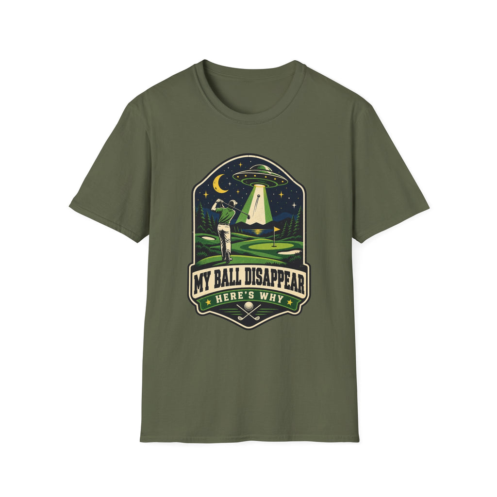 MY BALL DISAPPEARED UFO BADGE T-SHIRT