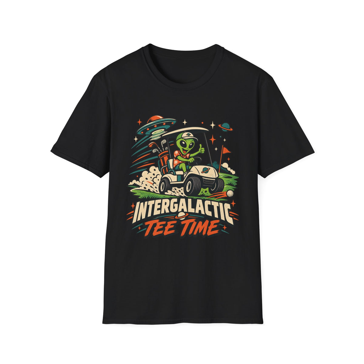 INTERGALACTIC TEE TIME ALIEN CART T-SHIRT