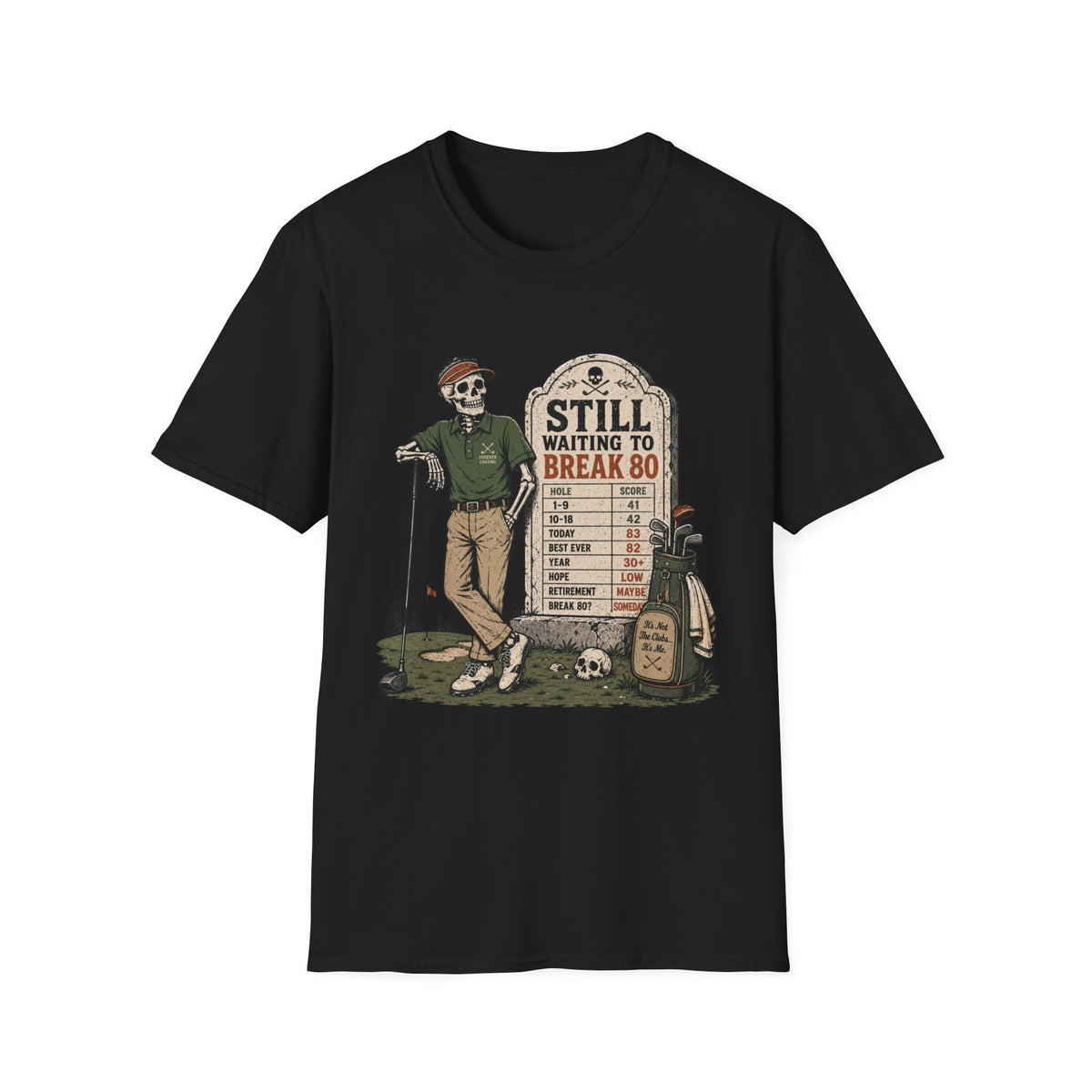 SKELETON GOLFER TOMBSTONE BREAK 80 HALLOWEEN T-SHIRT