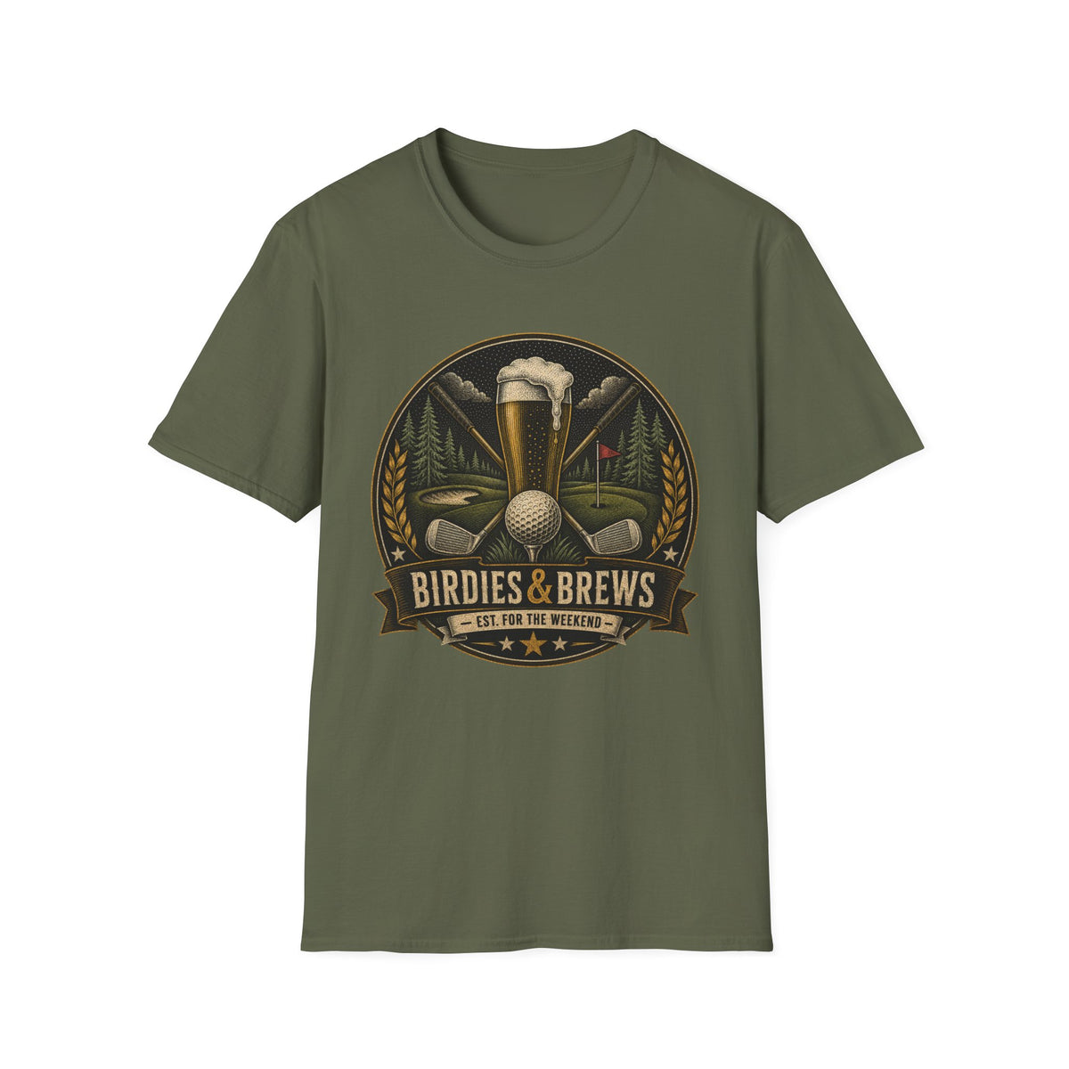 BIRDIES AND BREWS GOLF BADGE DARK 189 T-SHIRT