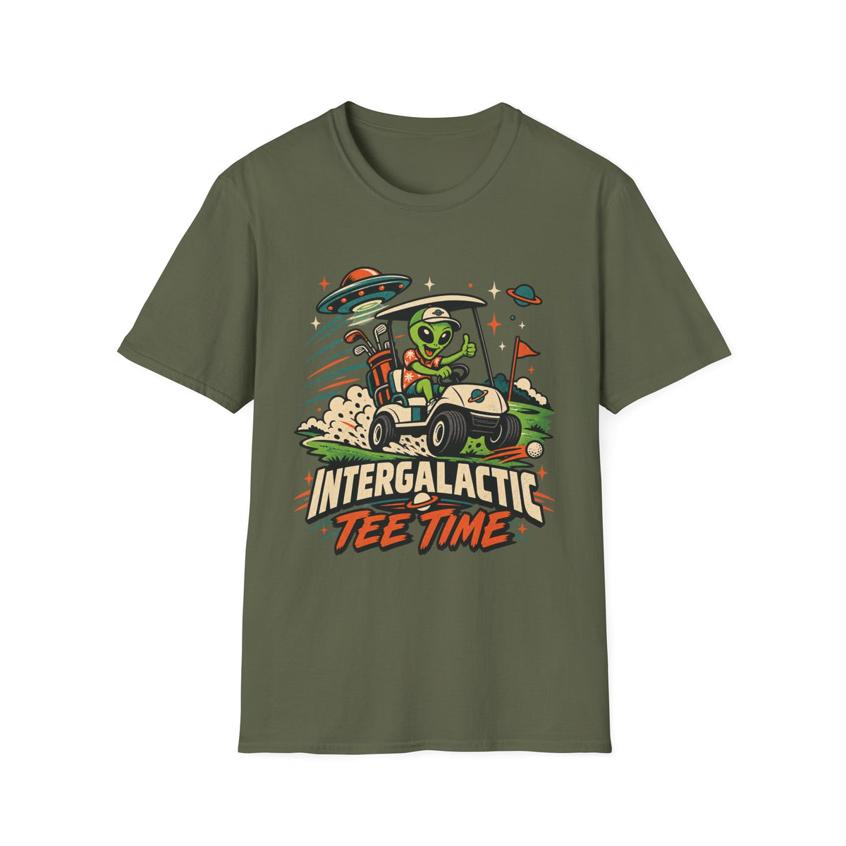 INTERGALACTIC TEE TIME ALIEN CART T-SHIRT