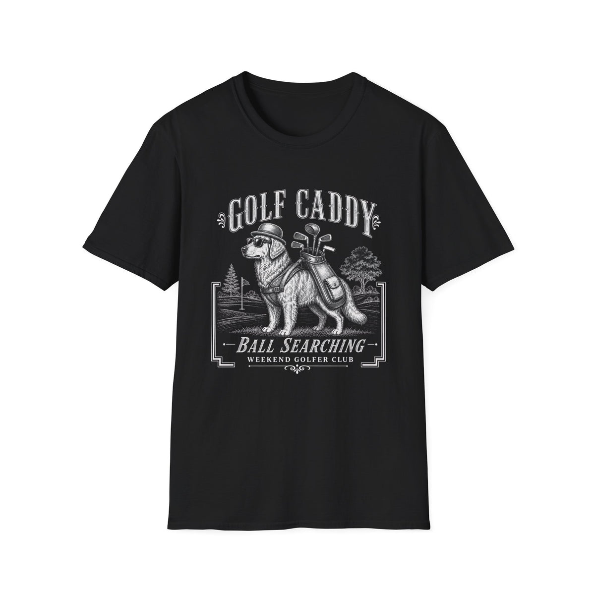 GOLF CADDY GOLDEN RETRIEVER BLACK WHITE 72 T-SHIRT